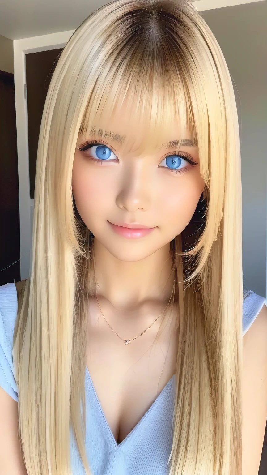 True Photo Quality、Extraordinary sexy beauty、Beautiful calm and bright expression、Sexy refreshing look、Long bangs that fall on a perfect beautiful cute face、Super long blonde straight silky hair、blonde on a beautiful face、Very cute beautiful sexy young little woman、Very perfect beautiful cute face、Beautiful bright sky blue eyes、Very big eyes、Hair above the eyes、片Hair above the eyes、Hair between the eyes、Very radiant white skin、Cheek gloss