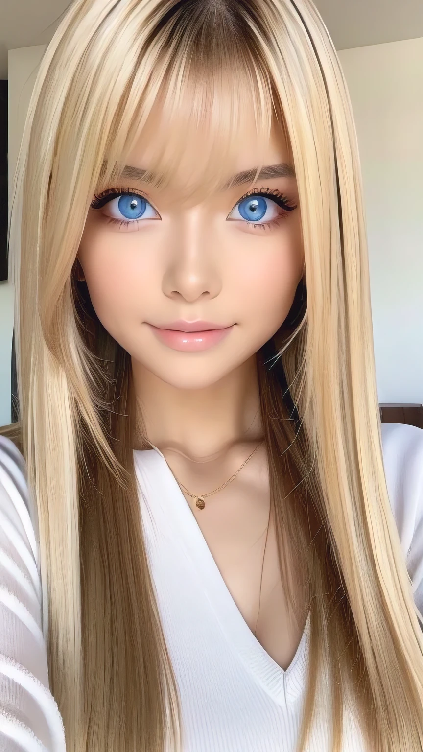 True Photo Quality、Extraordinary sexy beauty、Beautiful calm and bright expression、Sexy refreshing look、Long bangs that fall on a perfect beautiful cute face、Super long blonde straight silky hair、blonde on a beautiful face、Very cute beautiful sexy young woman、Very perfect beautiful cute face、Beautiful bright sky blue eyes、Very big eyes、Hair above the eyes、片Hair above the eyes、Hair between the eyes、Very radiant white skin、Cheek gloss