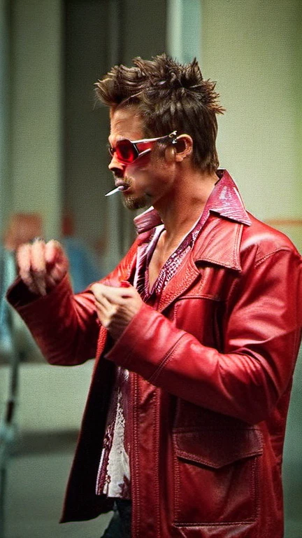 cinematic photo tyler durden, facial hair, red jacket, sunglasses, aims a hangun . 35mm photograph, film, bokeh, professional, 4k, highly detailed