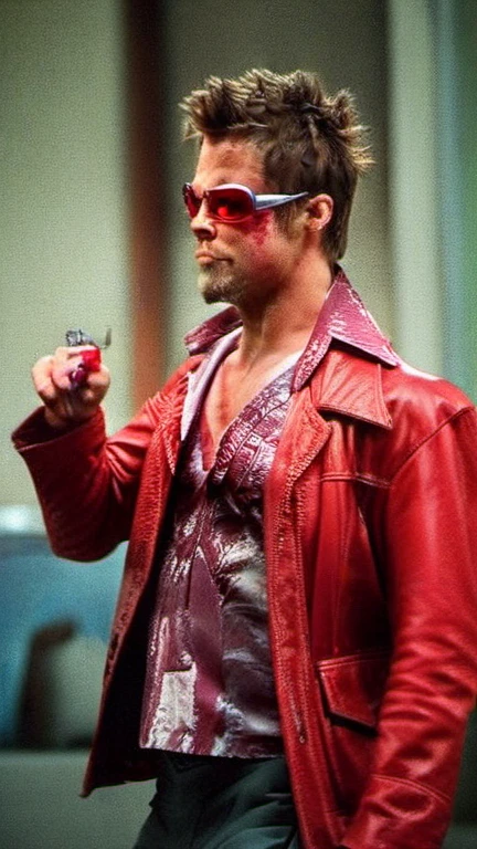 cinematic photo tyler durden, facial hair, red jacket, sunglasses, aims a hangun . 35mm photograph, film, bokeh, professional, 4k, highly detailed