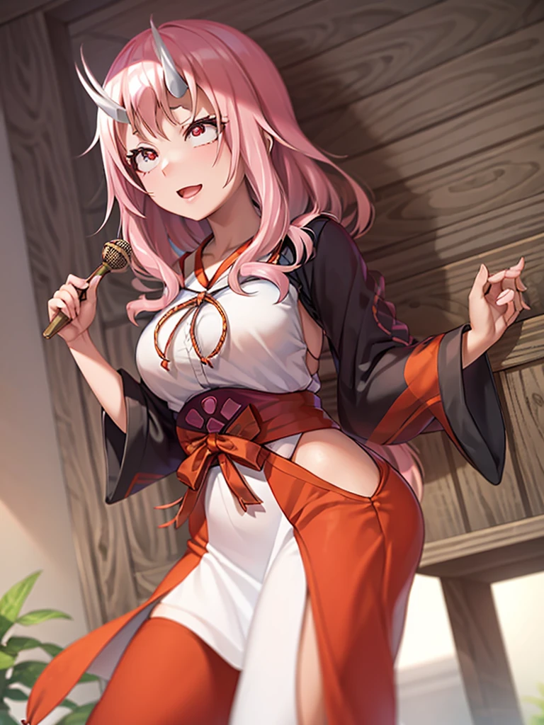shuna (tensura), low-tied long hair, oni horns, miko, red hakama, tabi, (4k), profundidad de campo, (obra maestra), extremadamente detallado, intrincado, hiper detallado, bokeh, high resolution, sharp detail, mejor calidad, Sharp focus, Profesional, Sharp focus, galardonado, cinematic lighting, renderizado de octanaje, motor irreal, volumetric dtx, fondo de pantalla, chica, kimono rojo y blanco, ancho, cabello rosado, Ojos rosados, cuernos, relajante , blusa abajo, ((obra maestra)),(((mejor calidad))),((ultra detallado)),((ILLUSTRATION)), manos perfectas, hands behind the back