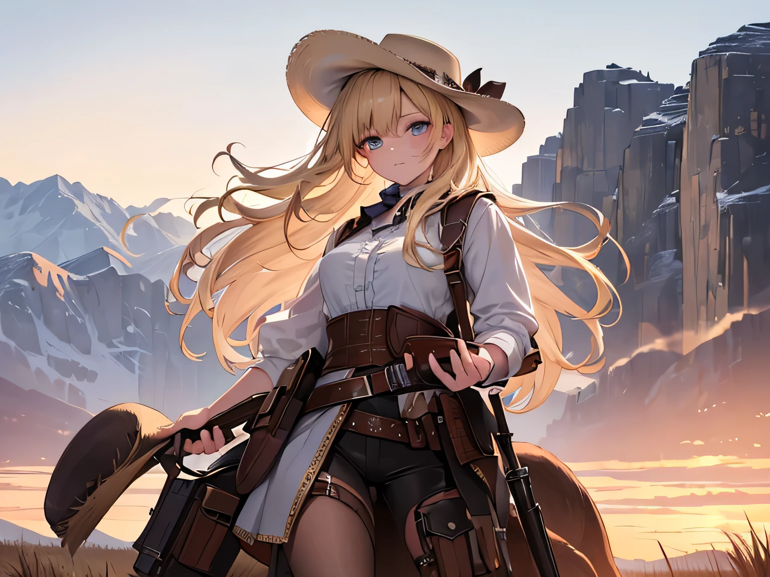 ((best quality)), ((masterpiece)), (detailed face and eyes), perfect face, accurate, textured skin, high details, highres, blonde hair, floating hair, Western, cowgirl, ten-gallon hat, Gunman, holster, pistol, 19th Century Wild West, Rocky Mountains, Wilderness