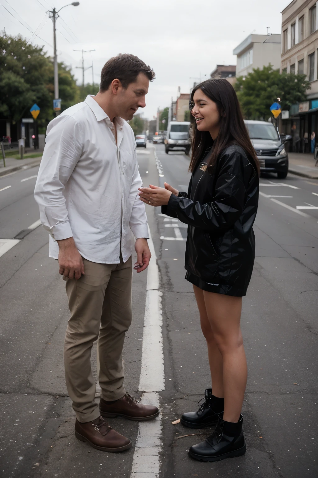photo of a scavenger man meeting a woman in the middle of the road