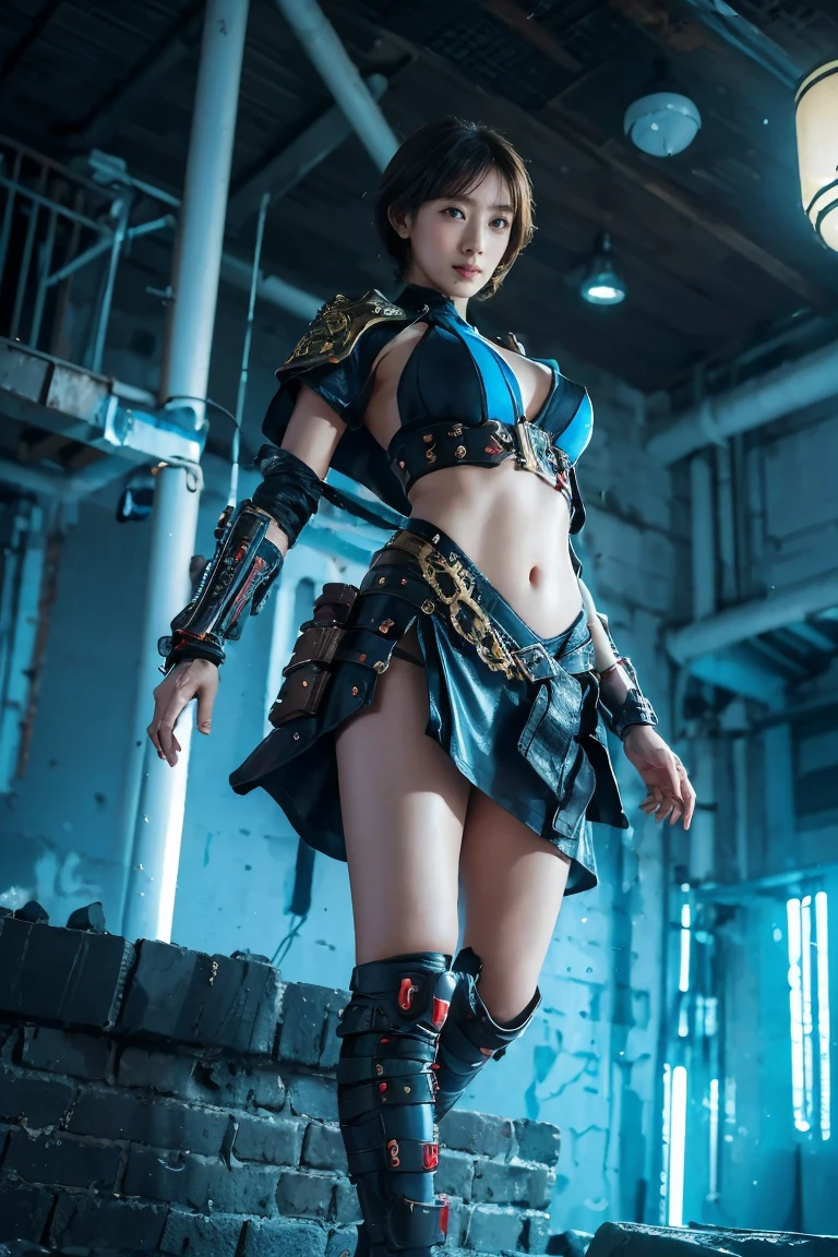 ((highest quality, 8k, RAW Photos, masterpiece :1.3)), (Realistic、Photorealistic:1.37)、Very detailed、Ultra-high resolution, (Professional Lighting), alone, 1 female, alone, Seeing the viewer, (30 years old), , Beautiful and elaborate face, Smile, narrow, Shining Eyes, (Slim waist :1.3), Fine and beautiful skin, Skin Texture, Professional Lighting, The human body as a whole,(A combination of cyberpunk and fantasy style),(Female Soldier),25-year-old woman,Japanese、(Short Bob Hair, Brown Hair),Beautiful Hair, Brown eyes、Small breasts,(Red Eye Chest), accessories,A kind smile, Elegant and attractive,Severe,Calm,(Combine cyberpunk and fantasy style clothing,Openwork design,joint armor),Bare feet are exposed, Raw skin exposed by cleavage, Belly button pose in combat uniform,Photo pose,Realistic style,Blue world background,oc rendering reflection texture,Looking at the camera, ((sky seen from below:1.2)),((Looking down:1.2)),View Viewer, View the viewer