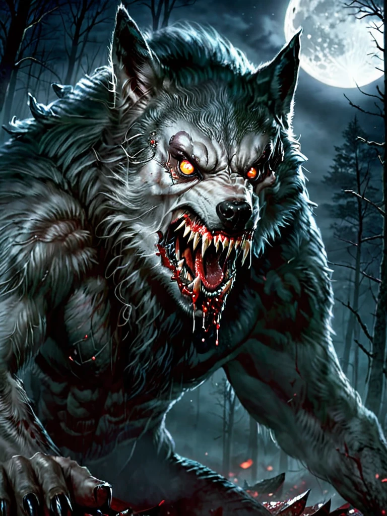 ((Masterpiece))), ((Best Quality))), ((Ultra Detailed)), (Surreal), (Highly Detailed CG Illustration), Cinematic Light, Realistic, werewolf, bloody, furry, horror, eerie atmosphere, moonlit night, sharp fangs, claws, menacing eyes, dark shadows, misty forest, intense gaze, gory details, savage, primal, terrifying, chilling, hair-raising, visceral, nightmarish, gruesome, spine-chilling