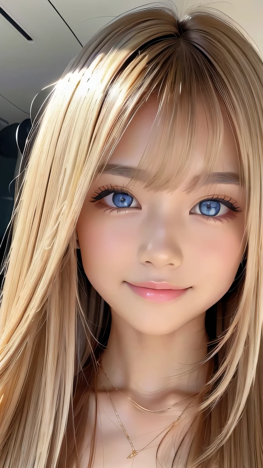True Photo Quality、Extraordinary sexy beauty、Beautiful calm and bright expression、Sexy refreshing look、Long bangs that fall on a perfect beautiful cute face、Super long blonde straight silky hair、blonde on a beautiful face、Very cute beautiful sexy young little woman、Very perfect beautiful cute face、Beautiful bright sky blue eyes、Very big eyes、Hair above the eyes、片Hair above the eyes、Hair between the eyes、Very radiant white skin、Cheek gloss