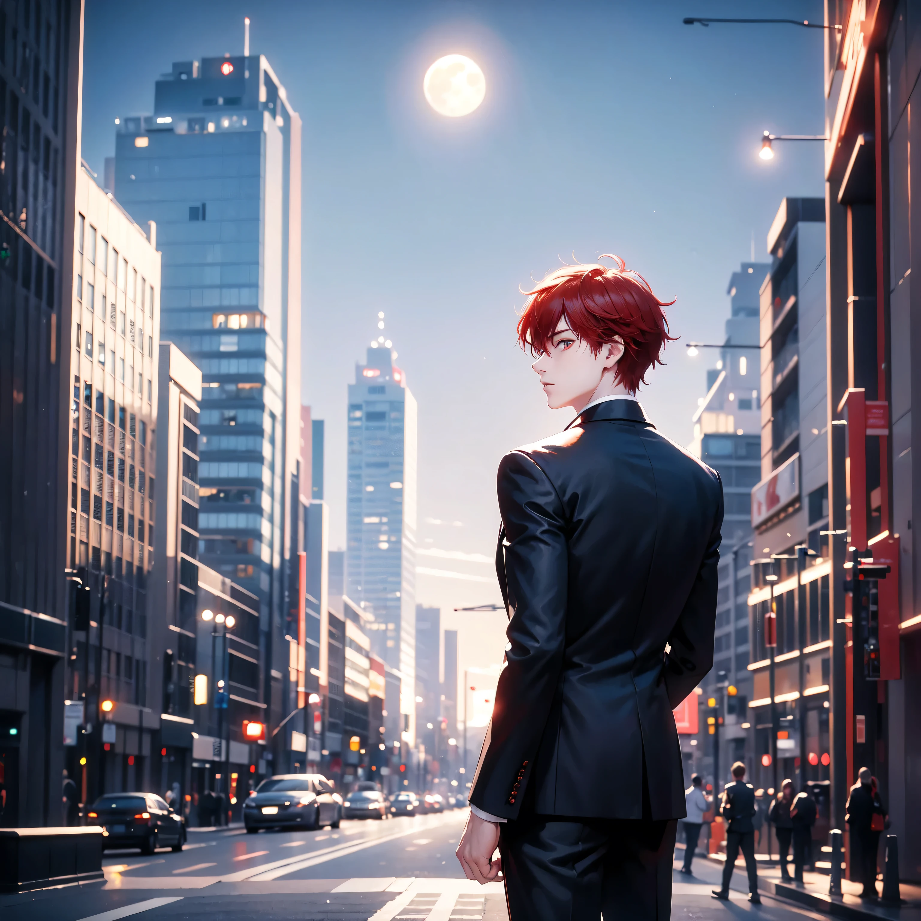 1boy, red hair, red eyes, wearing all black suit, moon, city, absurdres, high res, ultrasharp, 8K, masterpiece, looking at viewer from behind