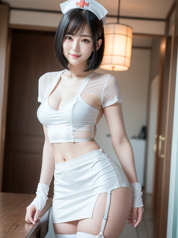 (Best quality: 1.5), (Real: 1.5), (1 person: 1.5), (masterpiece), (Skinny body:1.5), full body, (Highly detailed), (High resolution), 8k, (slightly saggy and medium breasts), Natural colored lips, Japanese woman, 24 old girl, thin eyebrows, beautiful and elegant face, cute face, arched thin eyebrows, (big eyes with a good balance between the left and right sides), cute eyes, beautiful eyes, beautiful thin nose, beautiful face line, fair skin, beautiful and graceful features, natural bangs, beautiful and thin nose, beautiful skin , medium bob hair, (bob hair:1.5), natural bangs, perfect and beautiful facial features, slim face and figure, (bright lighting), (professional lighting:1.5), (frontal lighting), beautiful cleavage, 1 girl, cute and sexy 24 old woman, slim Japanese woman, fair skin, (cute smile), Beautiful breasts, Large window room , Beautiful hip line, (slim hips:1.2), beautiful slim thighs, (Japanese idol:1.5), Beautiful detailed skin, (White Micro Mini Skirt Nurse Costume: 1.5), (White Micro Bikini), White Cute pose, (Mini Skirt Nurse Costume), (white bra), garter straps, (see-through white dress), elbow gloves, thong, see-through, see-through nurse,