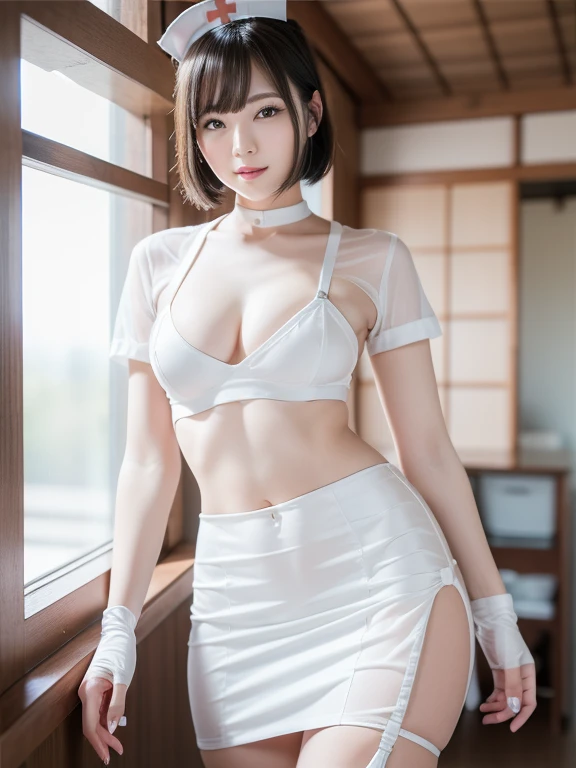 (Best quality: 1.5), (Real: 1.5), (1 person: 1.5), (masterpiece), (Skinny body:1.5), full body, (Highly detailed), (High resolution), 8k, (slightly saggy and medium breasts), Natural colored lips, Japanese woman, 24 old girl, thin eyebrows, beautiful and elegant face, cute face, arched thin eyebrows, (big eyes with a good balance between the left and right sides), cute eyes, beautiful eyes, beautiful thin nose, beautiful face line, fair skin, beautiful and graceful features, natural bangs, beautiful and thin nose, beautiful skin , medium bob hair, (bob hair:1.5), natural bangs, perfect and beautiful facial features, slim face and figure, (bright lighting), (professional lighting:1.5), (frontal lighting), beautiful cleavage, 1 girl, cute and sexy 24 old woman, slim Japanese woman, fair skin, (cute smile), Beautiful breasts, Large window room , Beautiful hip line, (slim hips:1.2), beautiful slim thighs, (Japanese idol:1.5), Beautiful detailed skin, (White Micro Mini Skirt Nurse Costume: 1.5), (White Micro Bikini), White Cute pose, (Mini Skirt Nurse Costume), (white bra), garter straps, (see-through white dress), elbow gloves,  thong, see-through, see-through nurse,
