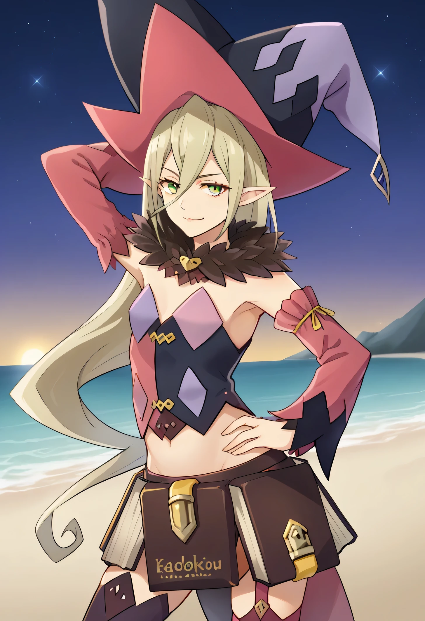 Magilou, source_anime, 1girl, solo, pointy ears, very long hair, hair between eyes, witch hat, fur collar, multicolored vest, strapless, detached sleeves, mismatched sleeves, book skirt, asymmetrical legwear, thighhighs, garter straps, (cowboy shot:1.5), solo, night sky, beach, arm behind head, hand on hip, contrapposto, spread armpits, looking at viewer, best quality, closed mouth, smile,