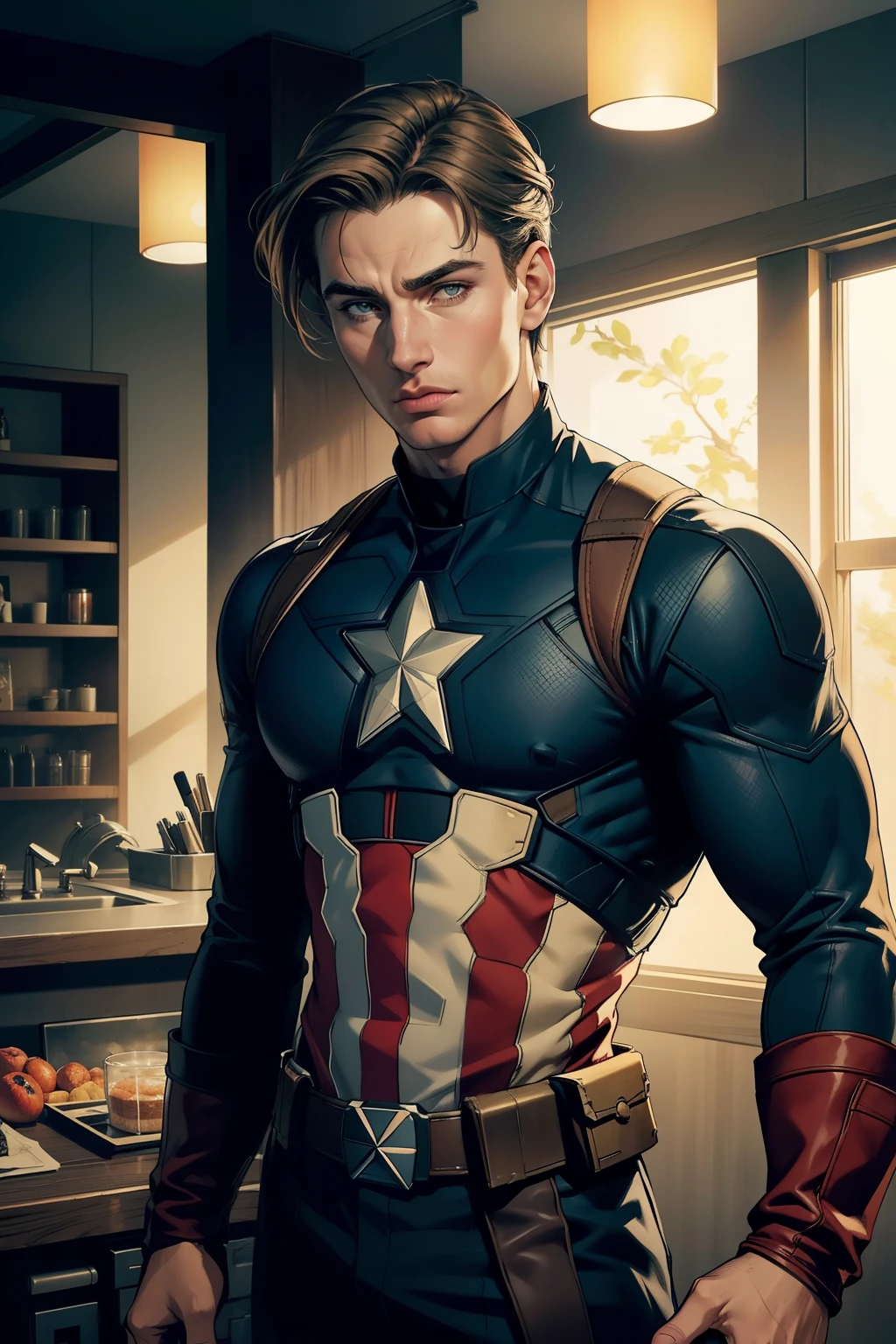 (Foto CRU:1.2), (Fotorrealista:1.4), Steve Rogers character wearing Captain America outfit, nor the mask, Olhos e rosto muito detalhados, lindos olhos detalhados, corpo todo, 4k resolution, modelo de alta qualidade, alto detalhe, High definition, luz no rosto, cinematic lighting  