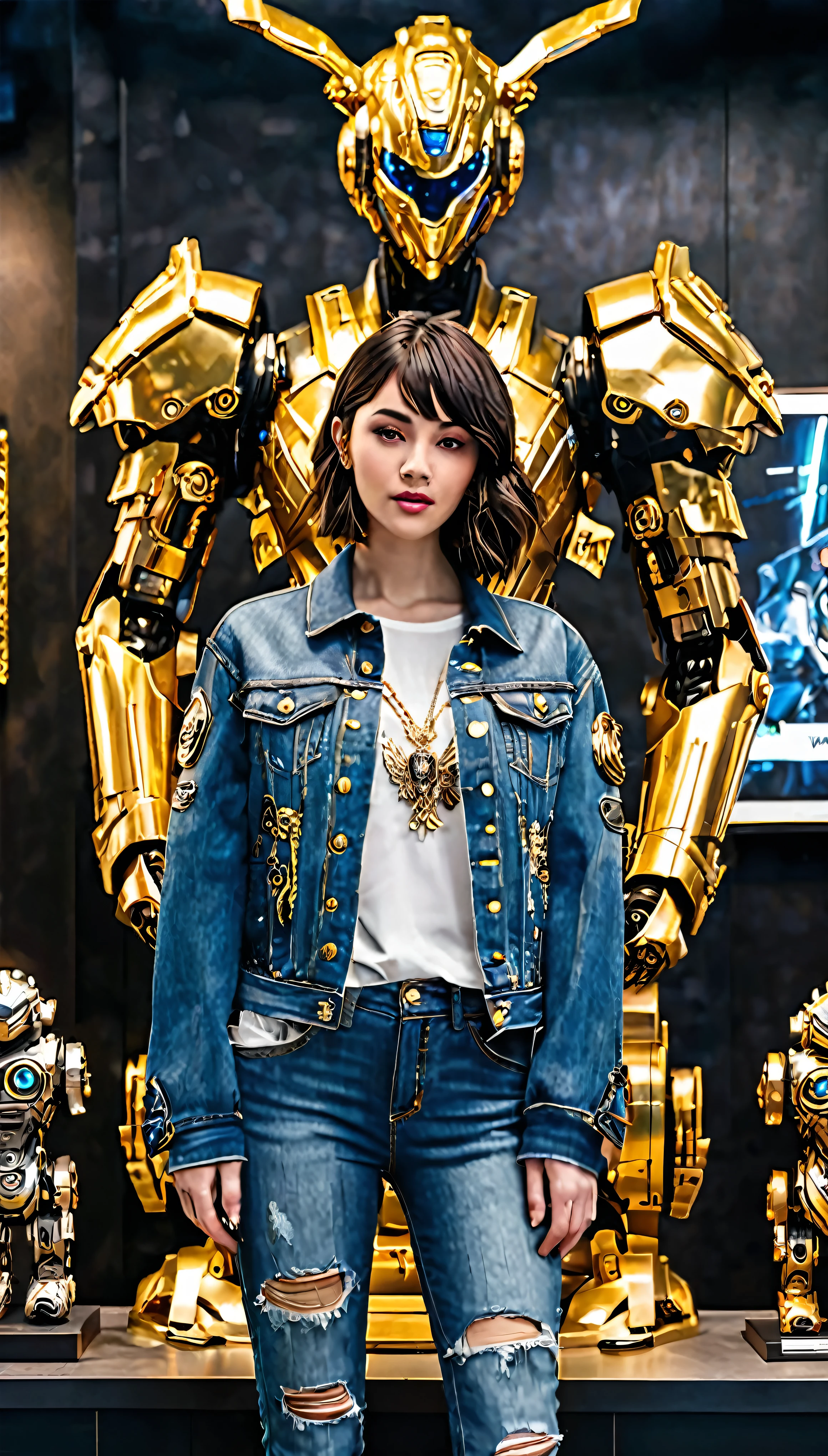Luxury boutique displaying gold jewelry (Meticulously crafted with intricate detail)、 Girl in trendy denim and jacket、Casually slipping my foot、 (Faithfully capturing a fairy-like face:1.2)、 Stand next to a towering cyberpunk mech、 Beautifully crafted in the style of Guweiz、 Hot Topic、 Guweiz、Created by famous artists such as Russell Dongjun Lu。and、Stunning 8K resolution
