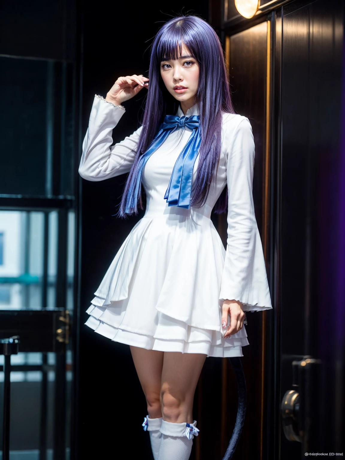 (1 lady), (Best quality at best:1.4), (ultra - detailed), (extremely detailed CG unified 16k), A Beautiful Woman with Perfect Figure: 1.4, Sharp Focus: 1.2, purple hair, very detailed, High-definition RAW color photo, professional photoshooting, amazing face and eyes, cosmetics, (amazingly beautiful girl), ((frederica bernkastel)), ((dress, bowtie, mary janes, socks, cat tail, tail bow, tail ornament)), levitating in a cute posture, (floating in space), (She's levitating in a cosmic sea, outer space:1.3, quantum hyperspace room lacking walls, hyperspace chamber, extremely detailed background, a lot of details background, realistic background), (look from above), realistic cinematic face, head to feet long wide zoomed out view, full body long view, photorealistic, ((realistic natural purple hair style, purple eyes)), gorgeous, extremely beautiful face, perfect model beauty, pout mouth, Highly Detailed Face and Skin Texture, Detailed Eyes, Double Eyelids, Big Breasts, Expressionless, (masterpiece), best quality, high resolution, extremely detailed, cinematic lighting, amazing legs, high heels, clear and well-cared skin, pale skin