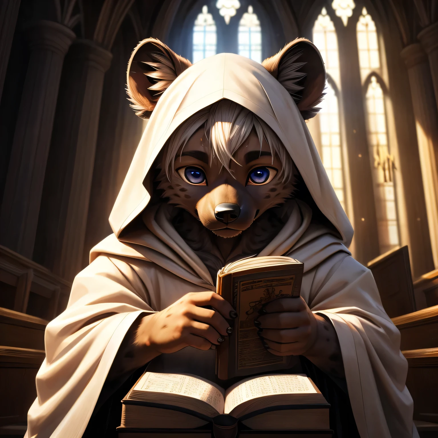 masterpiece, high quality, Empty, Solitary, child furry, hairy, child, masterpiece, Have muscles, Detailed hands, Delicate face, delicate eyes, Detailed body, paw, high resolution, hyena,White hair,In the church,Hooded Cape,with bible in hand,Close-up of face,Eyes shining