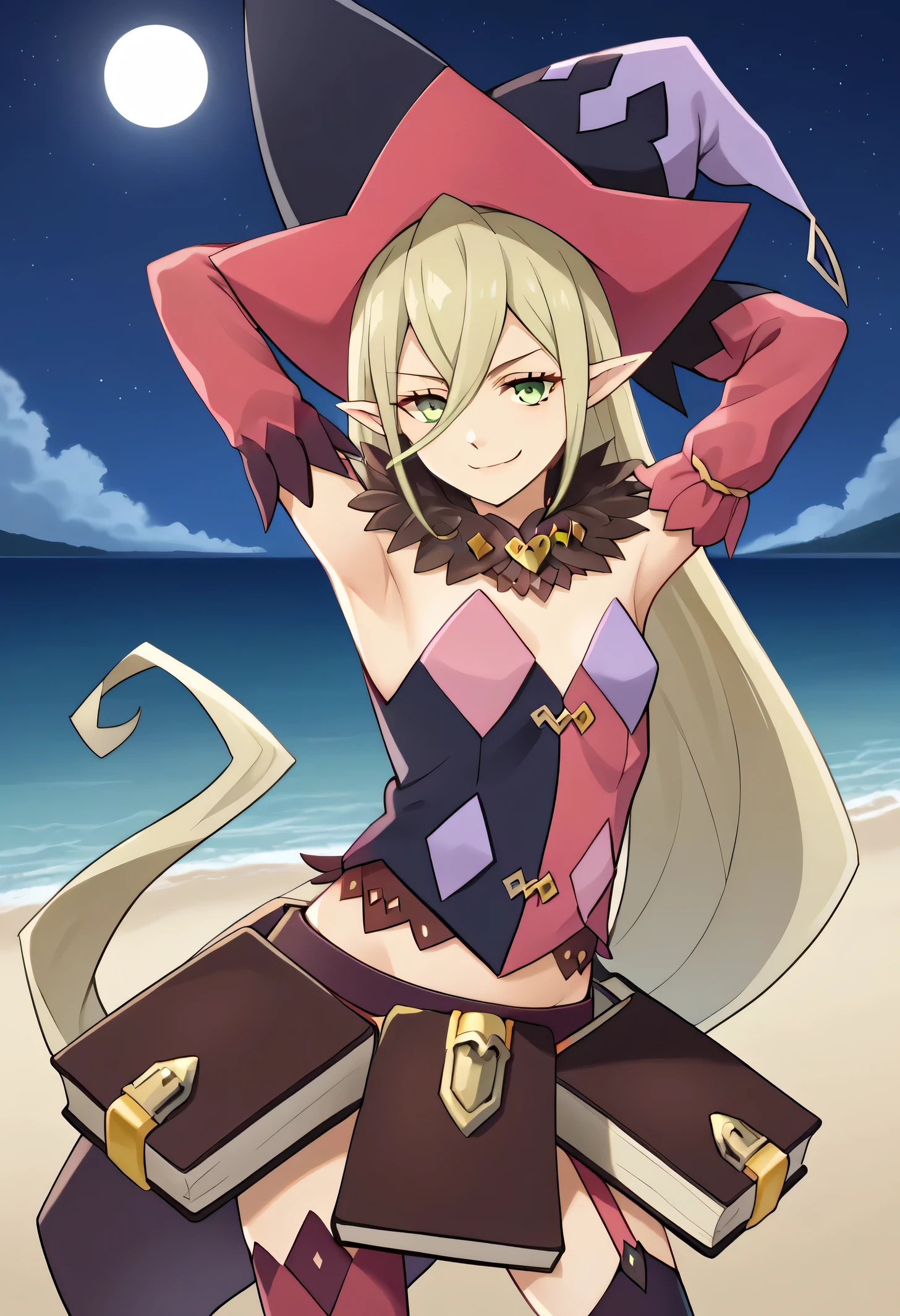 Magilou, source_anime, 1girl, solo, pointy ears, very long hair, hair between eyes, witch hat, fur collar, multicolored vest, strapless, detached sleeves, mismatched sleeves, book skirt, asymmetrical legwear, thighhighs, garter straps, (cowboy shot:1.5), solo, night sky, beach, arms behind head, contrapposto, spread armpits, looking at viewer, best quality, closed mouth, smile,