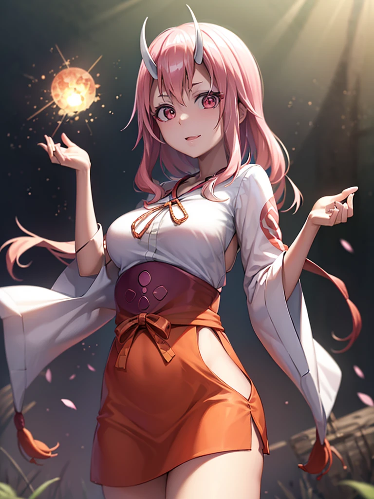 shuna (tensura), low-tied long hair, oni horns, miko, red hakama, tabi, (4k), profundidad de campo, (obra maestra), extremadamente detallado, intrincado, hiper detallado, bokeh, high resolution, sharp detail, mejor calidad, Sharp focus, Profesional, Sharp focus, galardonado, cinematic lighting, renderizado de octanaje, motor irreal, volumetric dtx, fondo de pantalla, chica, kimono rojo y blanco, ancho, cabello rosado, Ojos rosados, cuernos, relajante , blusa abajo, ((obra maestra)),(((mejor calidad))),((ultra detallado)),((ILLUSTRATION)), manos perfectas