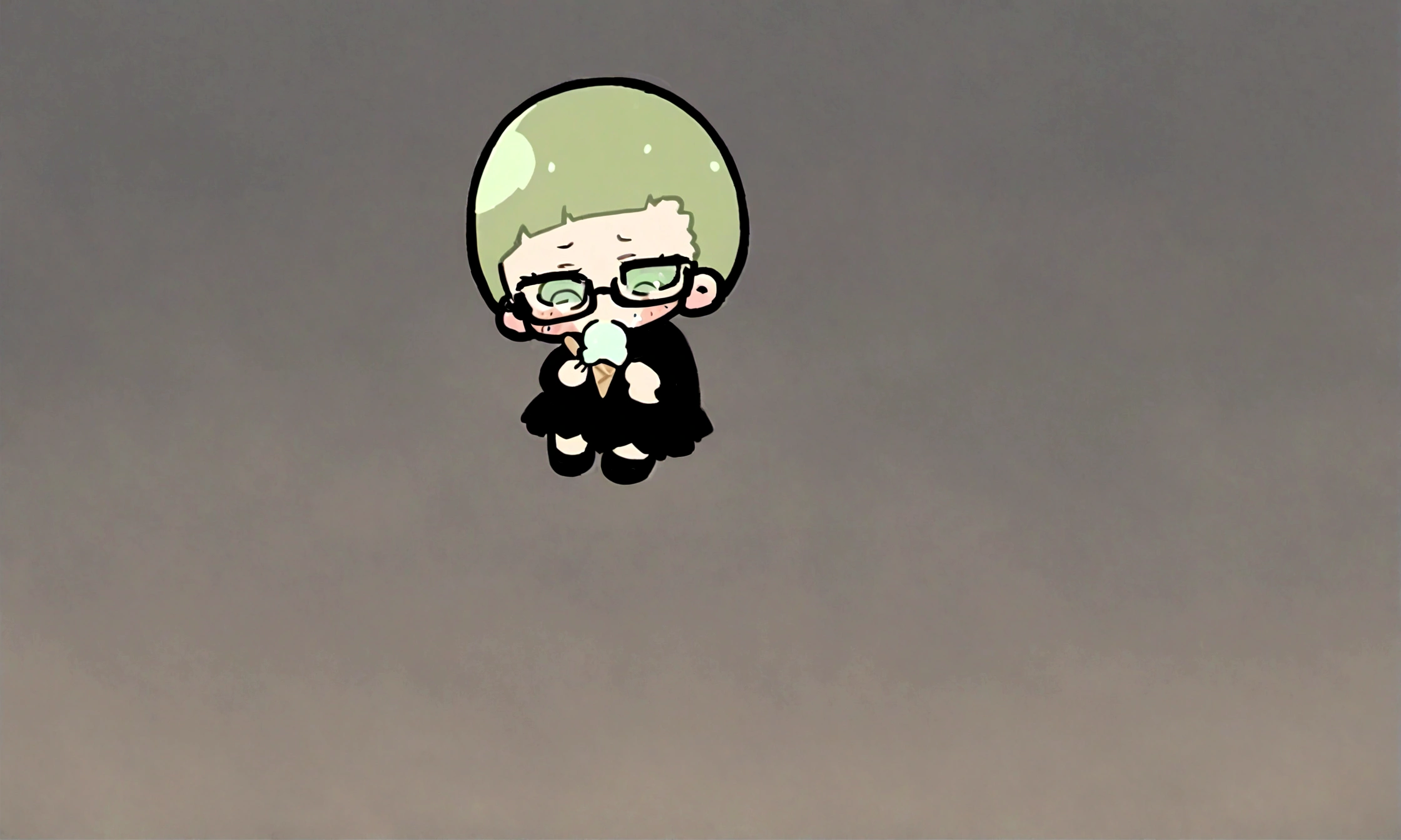 a sad little chibi with a green buzz cut, female, wearing simple black outfit, sitting on a building ledge eating ice cream, has glasses on