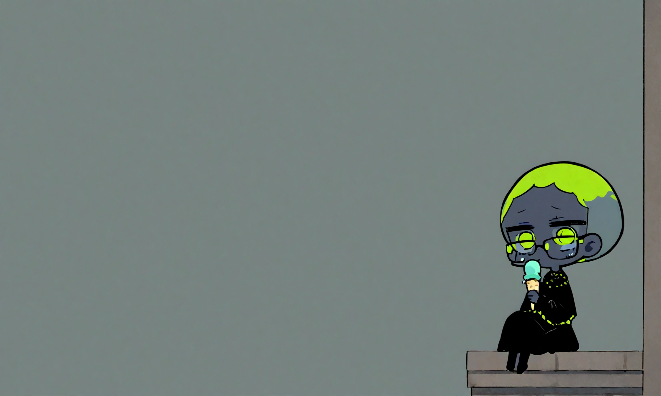 a sad little chibi with a green buzz cut, female, wearing simple black outfit, sitting on a building ledge eating ice cream, has glasses on