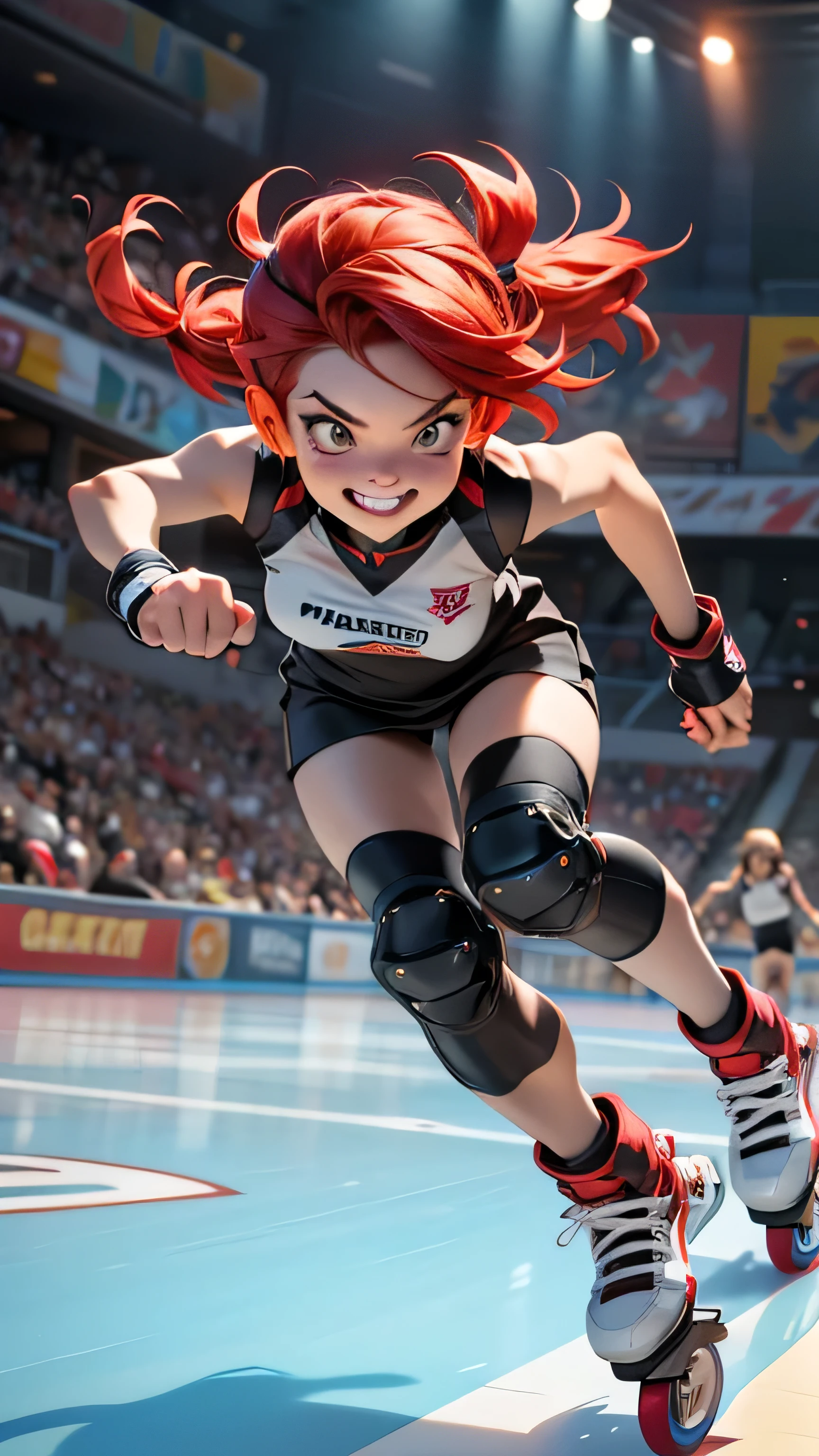 3 roller blade skarter girls wearing helmets, dynamic pose, worms eye view, smiling, knee pads, elbow pads, drinking soda, angry, on a skating epic arena, red hair, helmet,