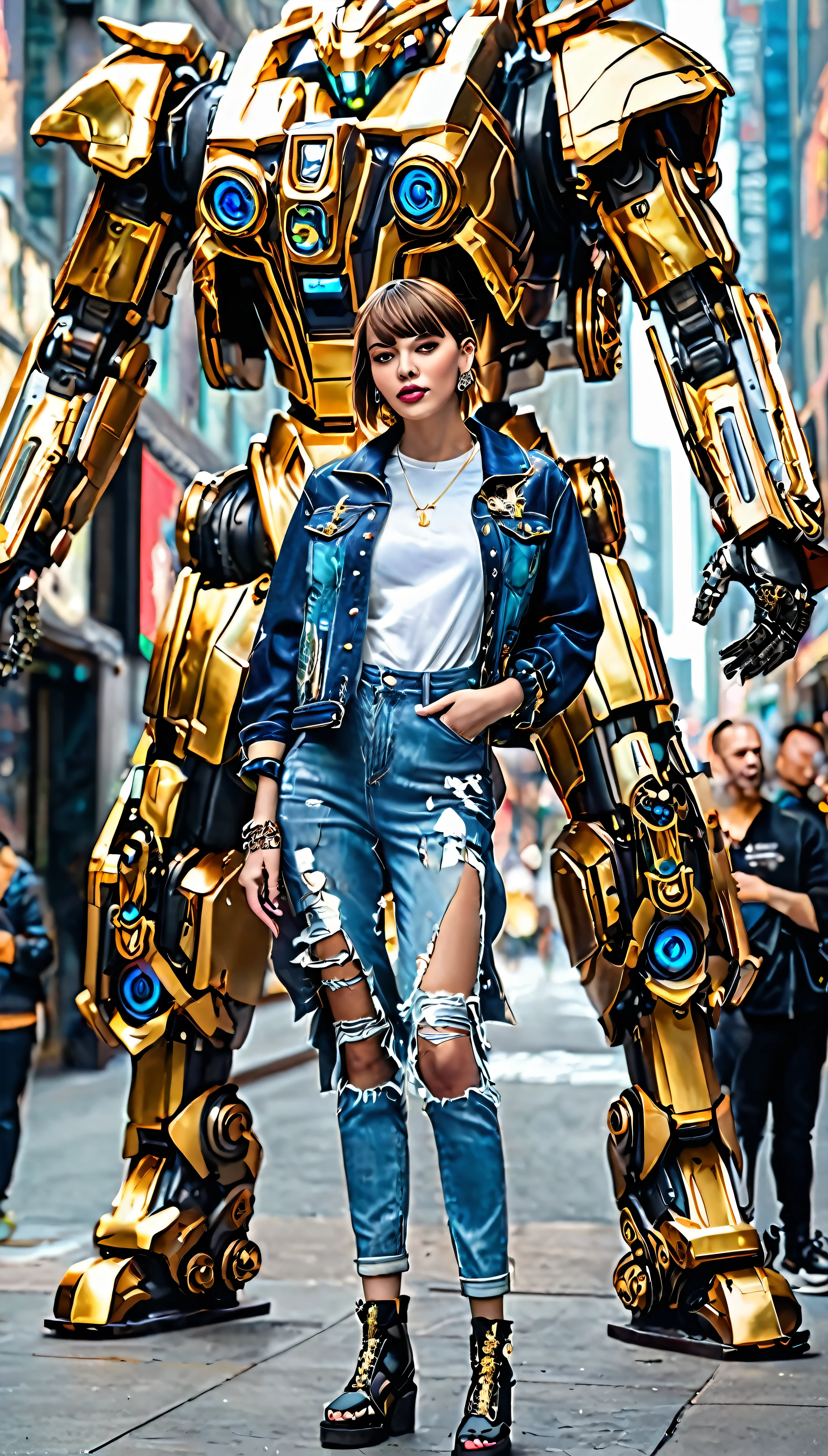 Luxury boutique displaying gold jewelry (Meticulously crafted with intricate detail)、 Girl in trendy denim and jacket、Casually slipping my foot、 (Faithfully capturing a fairy-like face:1.2)、 Stand next to a towering cyberpunk mech、 Beautifully crafted in the style of Guweiz、 Hot Topic、 Guweiz、Created by famous artists such as Russell Dongjun Lu。and、Stunning 8K resolution