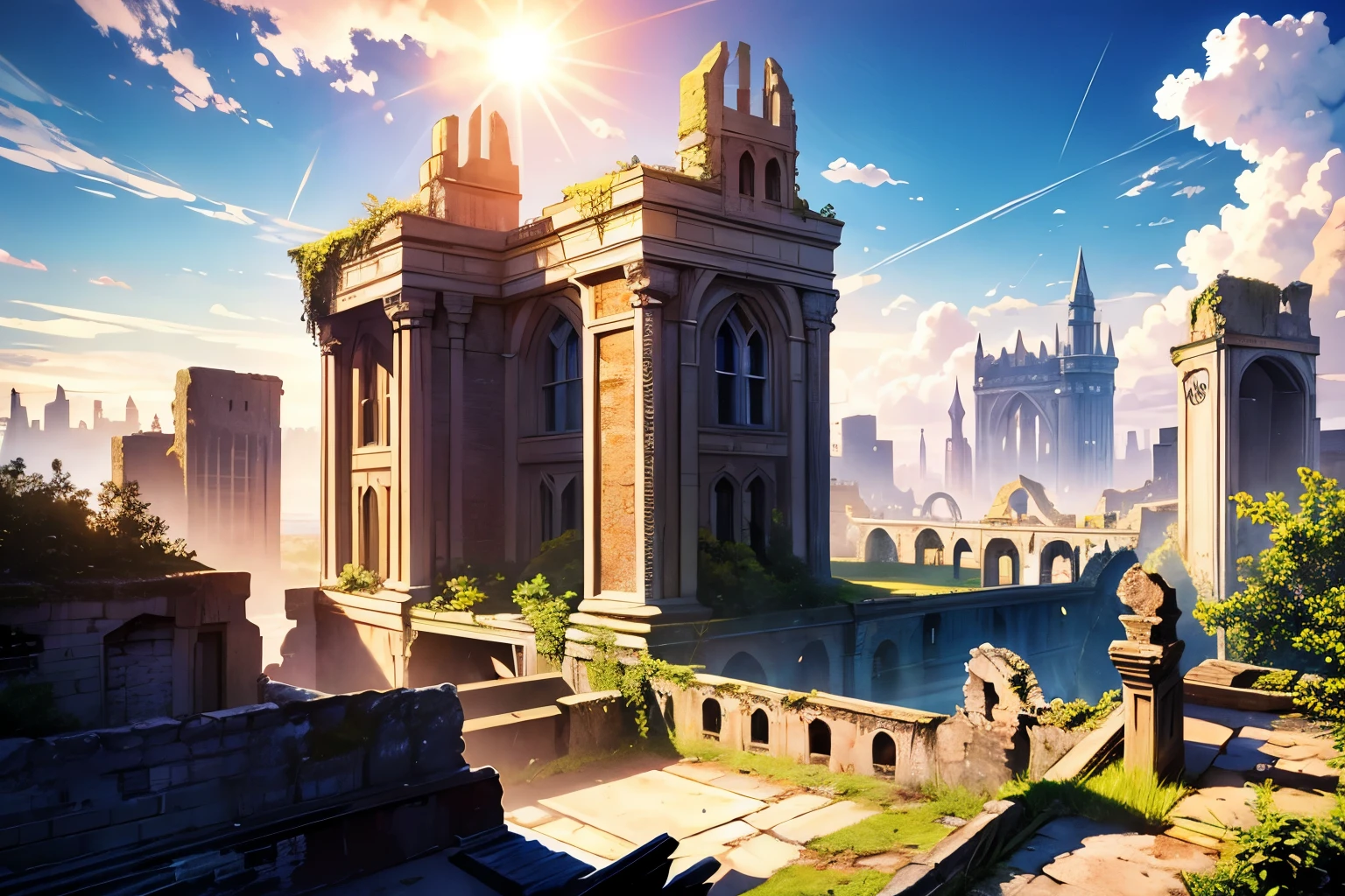 fantasy world, ruins, fort, beautiful sky, shining sky, sunshine