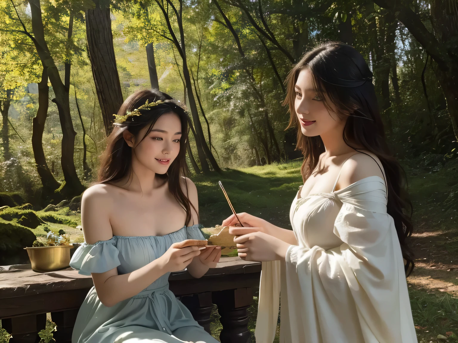 Giorgione painting style,Barbizon forest A beautiful woman in Greek dress smiles on the shore,Sweet and seductive appearance.、Caravaggio's paintings、Chiaroscuro of Caravaggio、hair tousled by the wind,Two women frolicking,cute smile, expression of ecstasy,Sexy,erotic, full body portrait