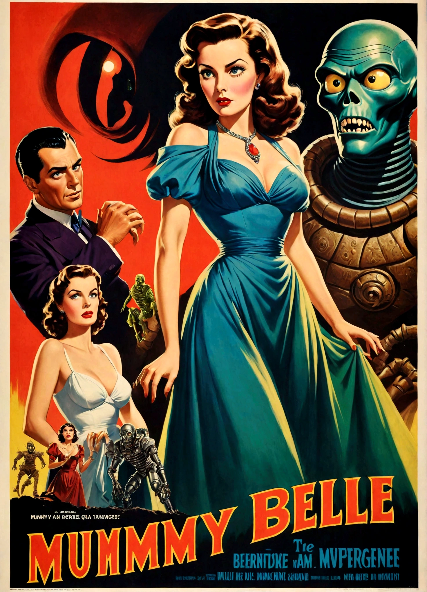 A 40s style movie poster, a buxom belle with a colorful retro outfit is recoiled in terror as The Mummy, Dracula, and an Alien Robot close in on her, dramatic shadows, overly dramatic
