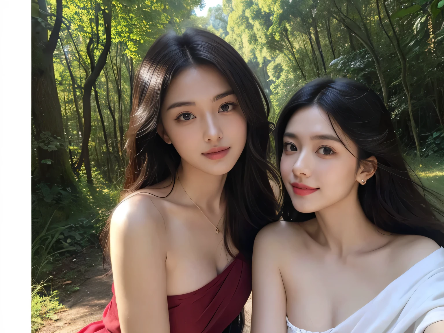 Giorgione painting style,Barbizon forest A beautiful woman in Greek dress smiles on the shore,Sweet and seductive appearance.、Caravaggio's paintings、Chiaroscuro of Caravaggio、hair tousled by the wind,Two women frolicking,cute smile, expression of ecstasy,Sexy,erotic, full body portrait
