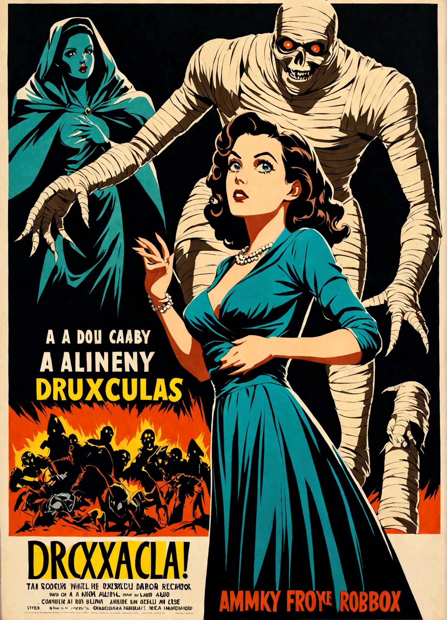 A 40s style movie poster, a buxom belle with a colorful retro outfit is recoiled in terror as The Mummy, Dracula, and an Alien Robot close in on her, dramatic shadows, overly dramatic