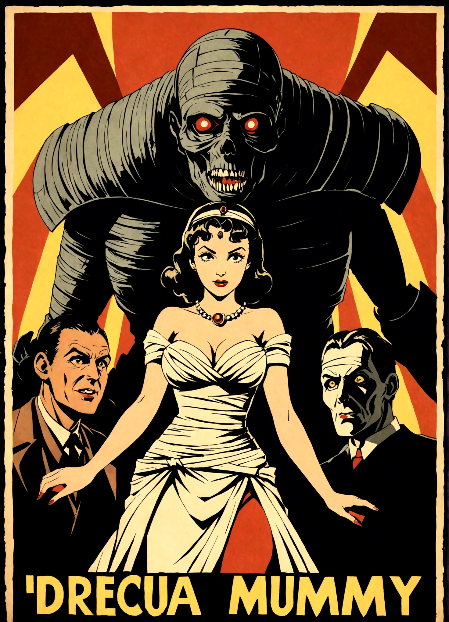 A 40s style movie poster, a buxom belle with a colorful retro outfit is recoiled in terror as The Mummy, Dracula, and an Alien Robot close in on her, dramatic shadows, overly dramatic