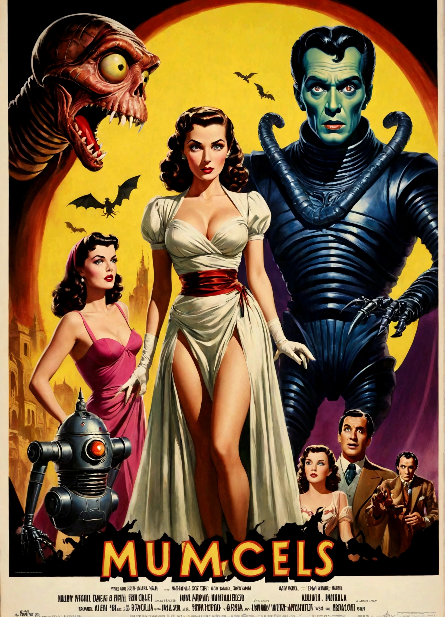 A 40s style movie poster, a buxom belle with a colorful retro outfit is recoiled in terror as The Mummy, Dracula, and an Alien Robot close in on her, dramatic shadows, overly dramatic
