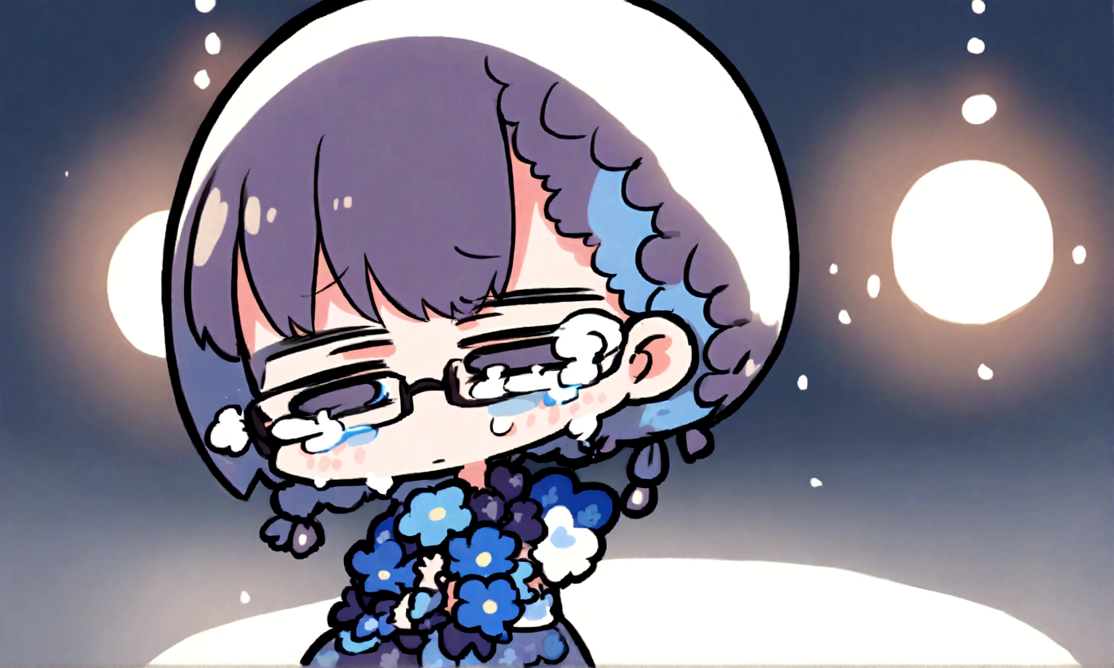 a sad looking chibi female wearing a blue floral outfit, wearing glasses, as a short buzzcut hairdo, in the moonlight dancing, tears