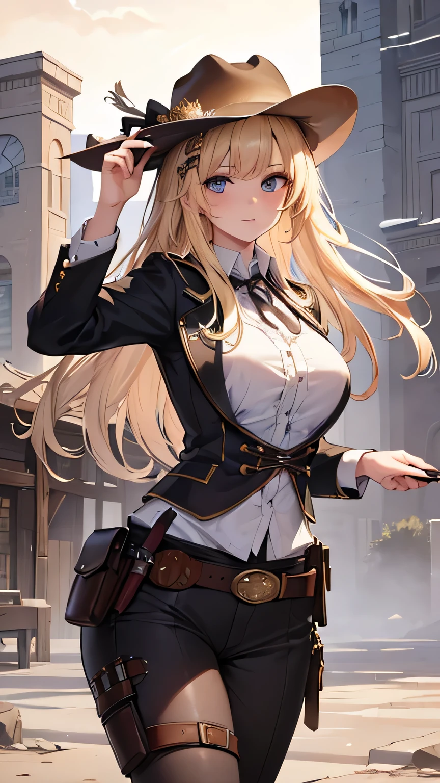 ((best quality)), ((masterpiece)), (detailed face and eyes), perfect face, accurate, textured skin, high details, highres, blonde hair, floating hair, Western, cowgirl, ten-gallon hat, Gunman, holster, pistol, 19th Century Wild West, Rocky Mountains, Wilderness