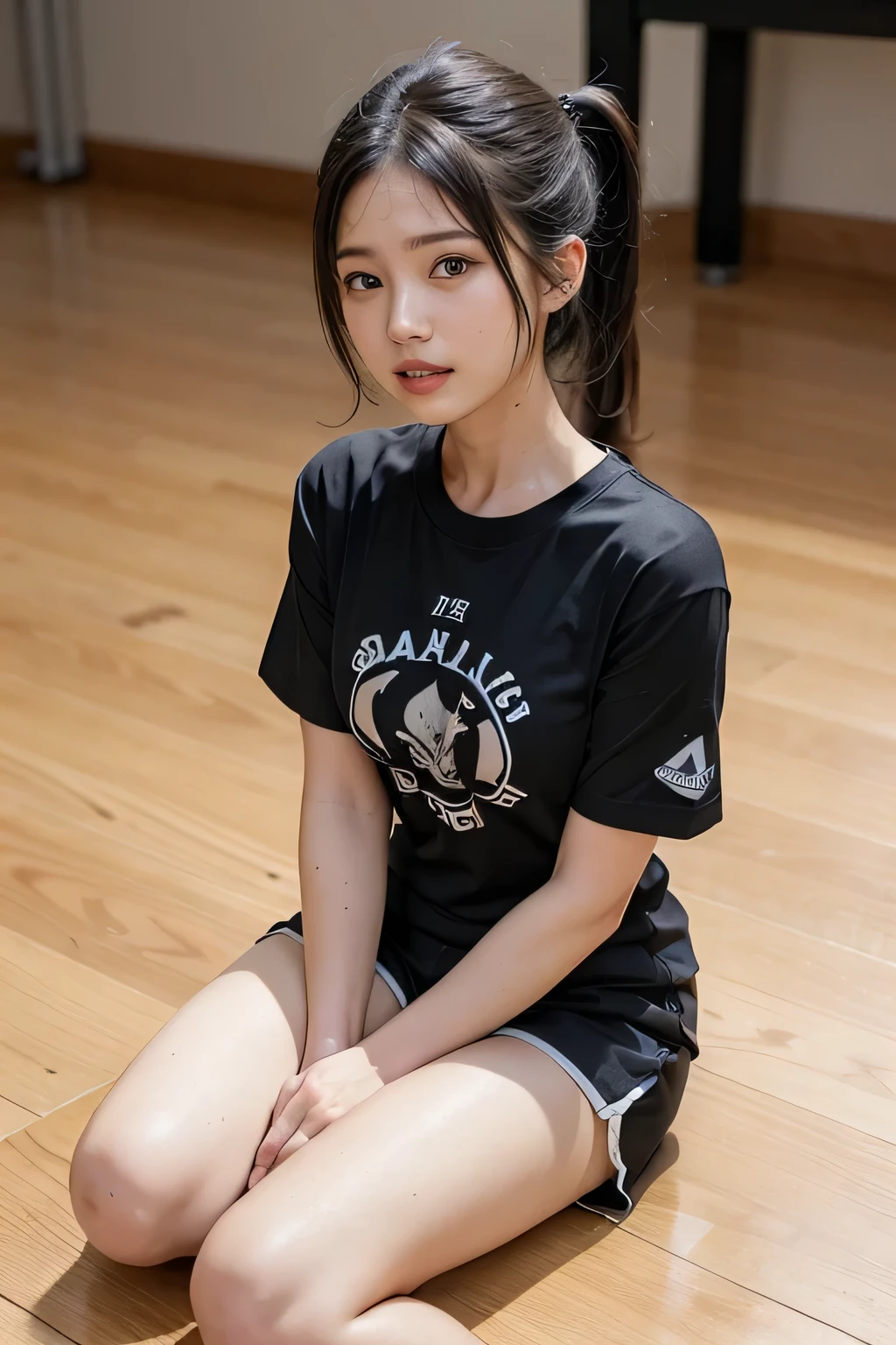 Very detailed CG Unity 8k wallpaper、highest quality、Very detailed、masterpiece、reality、reality、Very detailedなかわいい女の子、18-year-old、(Japanese women)、((Plain black short sleevesTshirt:1.5))、((A high school girl wearing black athletics shorts:1.4))、((Shooting from the front:1.4))、((sitting with knees up on the wooden floor:1.4))、((Standing confused:1.4))、blush、Cleft lip、Looking at the audience、((Black ponytail hair:1.7))、(Beautiful Face:1.3)、(Perfect balance:1.2)、(Long legs:1.2)、(Small breasts:1.3)、((Upper Body))、((Full body shot:1.4))、Angle from below、reality、((TThe shirt is see-through:1.7))、