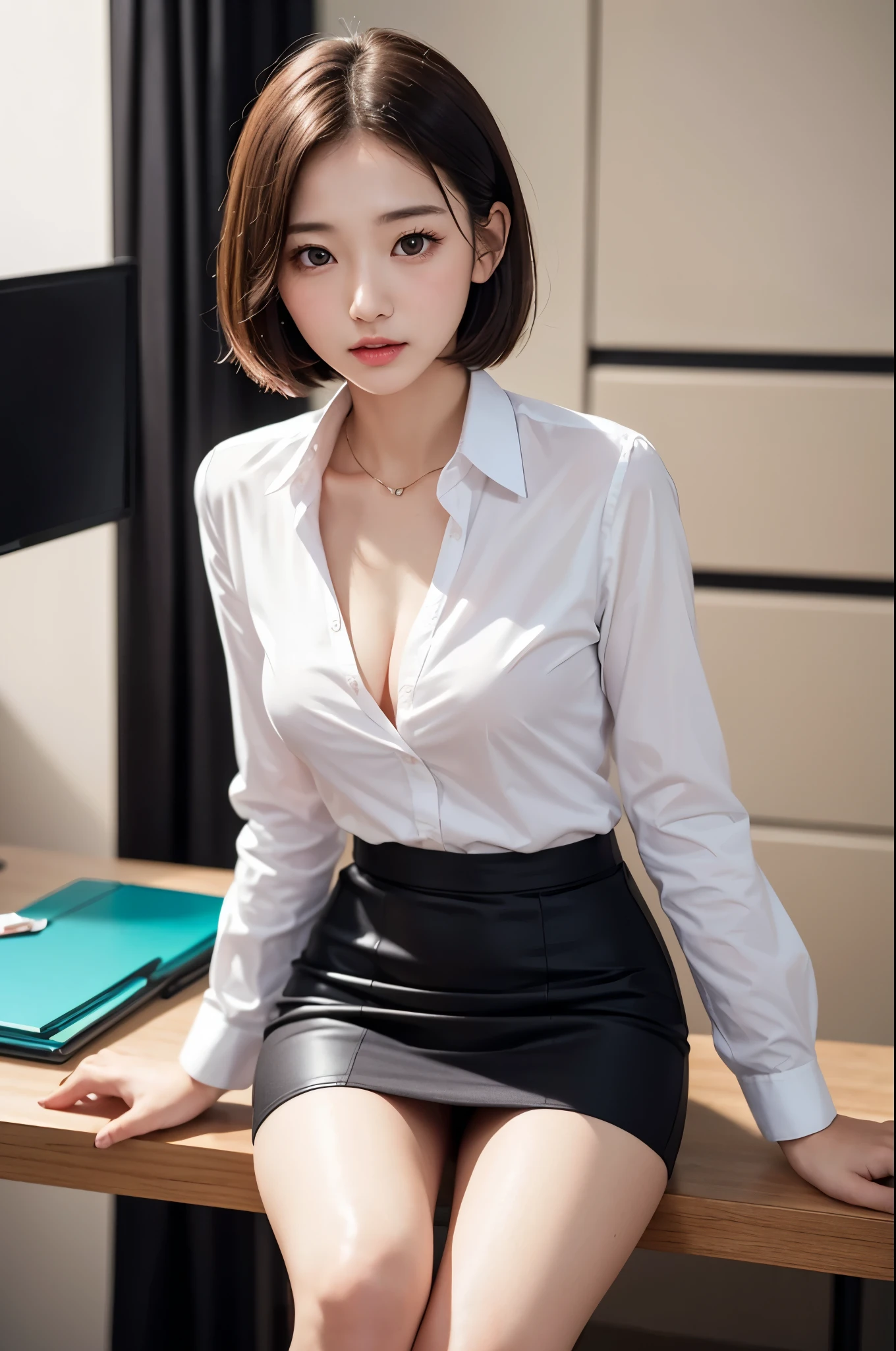 Japanese women、office lady、19 years old, Anatomically correct, Perfect Anatomy, very cute, beautiful, (White cut and sew shirt, business suit、Pencil Skirt:1.2), ((Embarrassing:1.3)), blush、(office:1.1), (highest quality:1.3)、Best lighting、High resolution、(8k, High resolution:1.2), (photograph, Realistic:1.2)、The face is in focus、(Concentrated, Symmetrical pupils:1.2)、beautiful肌、Natural Makeup、Gloss lips, High-definition hair texture, (View Viewer:1.2), (short hair), (Multiple Angles:1.2), (Small breasts,:1.1), (Place your hand on your chest:1.1)、Sitting