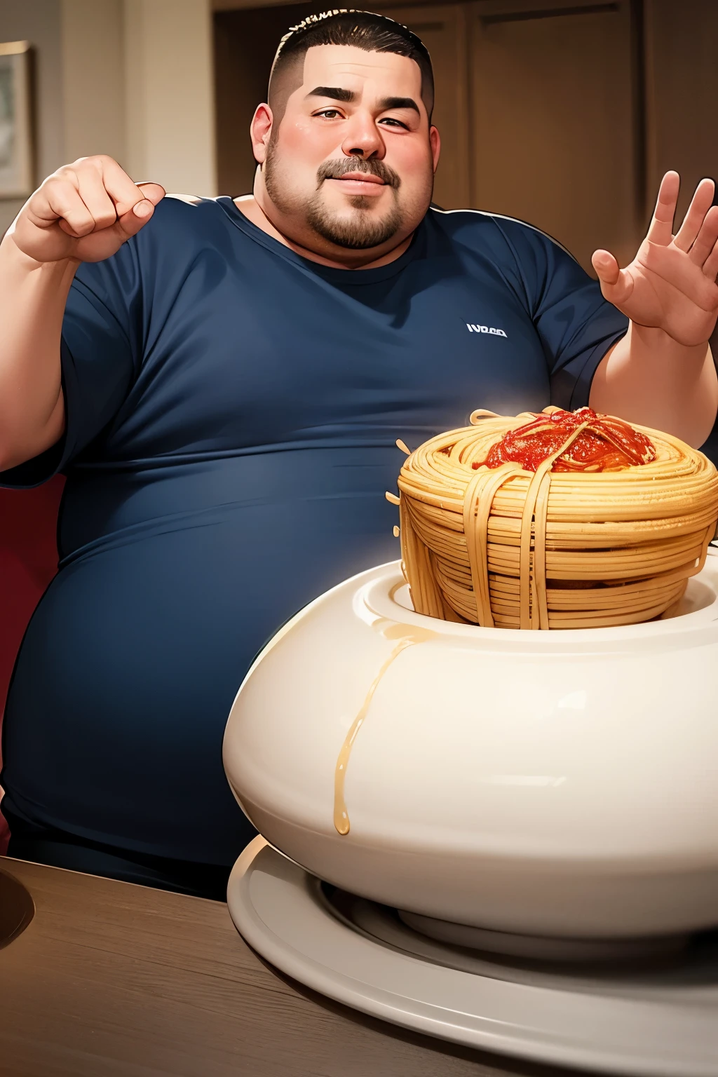 Fat middle-aged man living in spaghetti