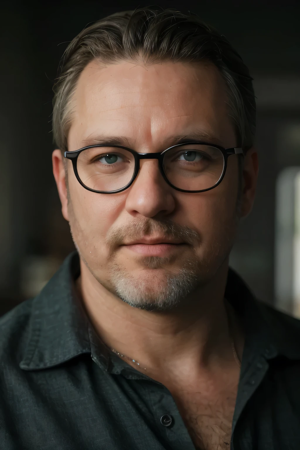 a 44 year old male, bright color shirt, overweight, unmaintained beard, interesting glasses black glasses, grown out hair, poor skin care, gray/blonde hair, green eyes, hyperreleastic, detailed portrait, photorealistic, 8k, highres, masterpiece, award winning, cinematic lighting, dramatic shadows, vibrant colors, gritty, realistic, cinematic composition