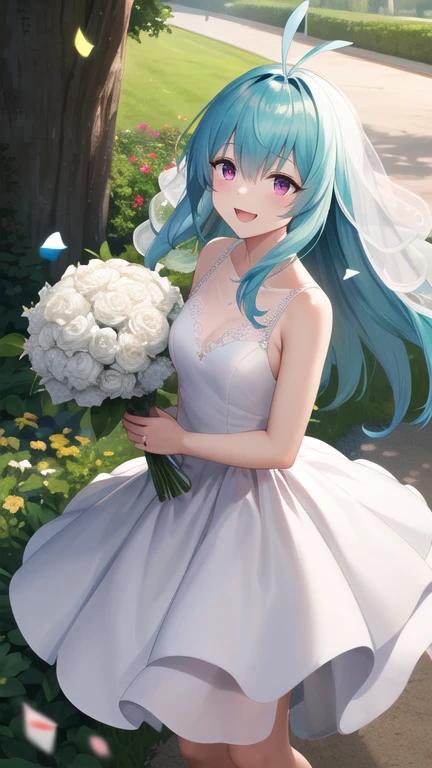 masterpiece, best quality, highres, Run Elsie Jewelria, solo, long hair, antenna hair, purple eyes, wedding dress, white dress, standing, cowboy shot, holding bouquet, smile, open mouth, confetti, garden,