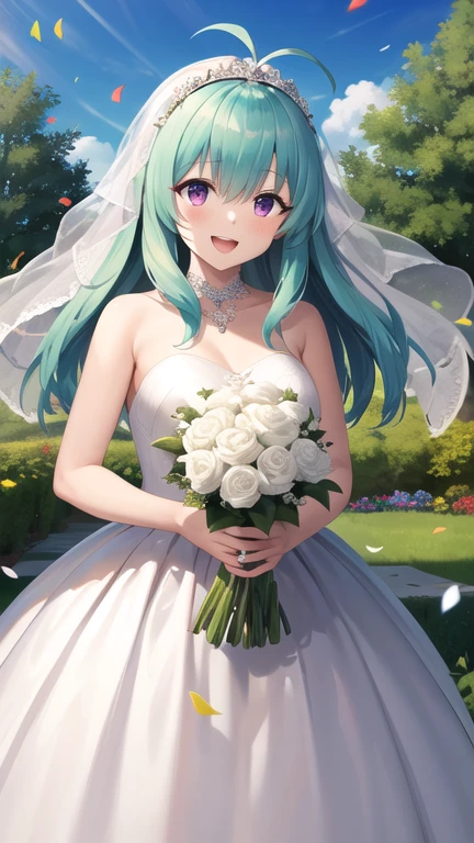 masterpiece, best quality, highres, Run Elsie Jewelria, solo, long hair, antenna hair, purple eyes, wedding dress, white dress, standing, cowboy shot, holding bouquet, smile, open mouth, confetti, garden,