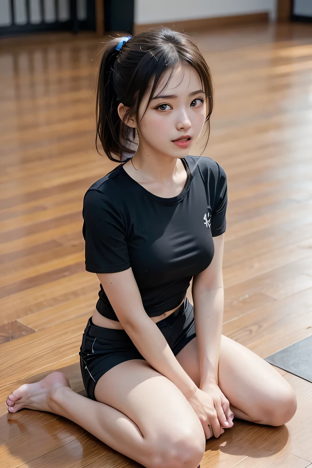 Very detailed CG Unity 8k wallpaper、highest quality、Very detailed、masterpiece、reality、reality、Very detailedなかわいい女の子、18-year-old、(Japanese women)、((Plain black short sleevesTshirt:1.5))、((A high school girl wearing black athletics shorts:1.4))、((Shooting from the front:1.4))、((sitting with knees up on the wooden floor:1.4))、((Standing confused:1.4))、blush、Cleft lip、Looking at the audience、((Black ponytail hair:1.7))、(Beautiful Face:1.3)、(Perfect balance:1.2)、(Long legs:1.2)、(Small breasts:1.3)、((Upper Body))、((Full body shot:1.4))、Angle from below、reality、((TThe shirt is see-through:1.7))、