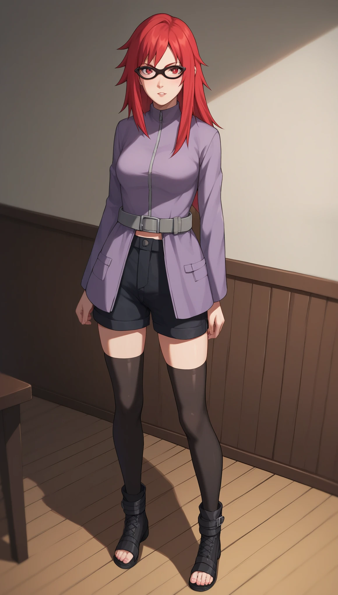 score_9, score_8_up, score_7_up, score_6_up, score_5_up, score_4_up, KarinUzumakiSXL, black glasses, red eyes, red hair, two-tone hair, long hair, sidelocks, medium breasts, purple jacket, grey belt, black shorts, black thighhighs, black footwear, toeless footwear, (solo), standing, looking at viewer, indoors