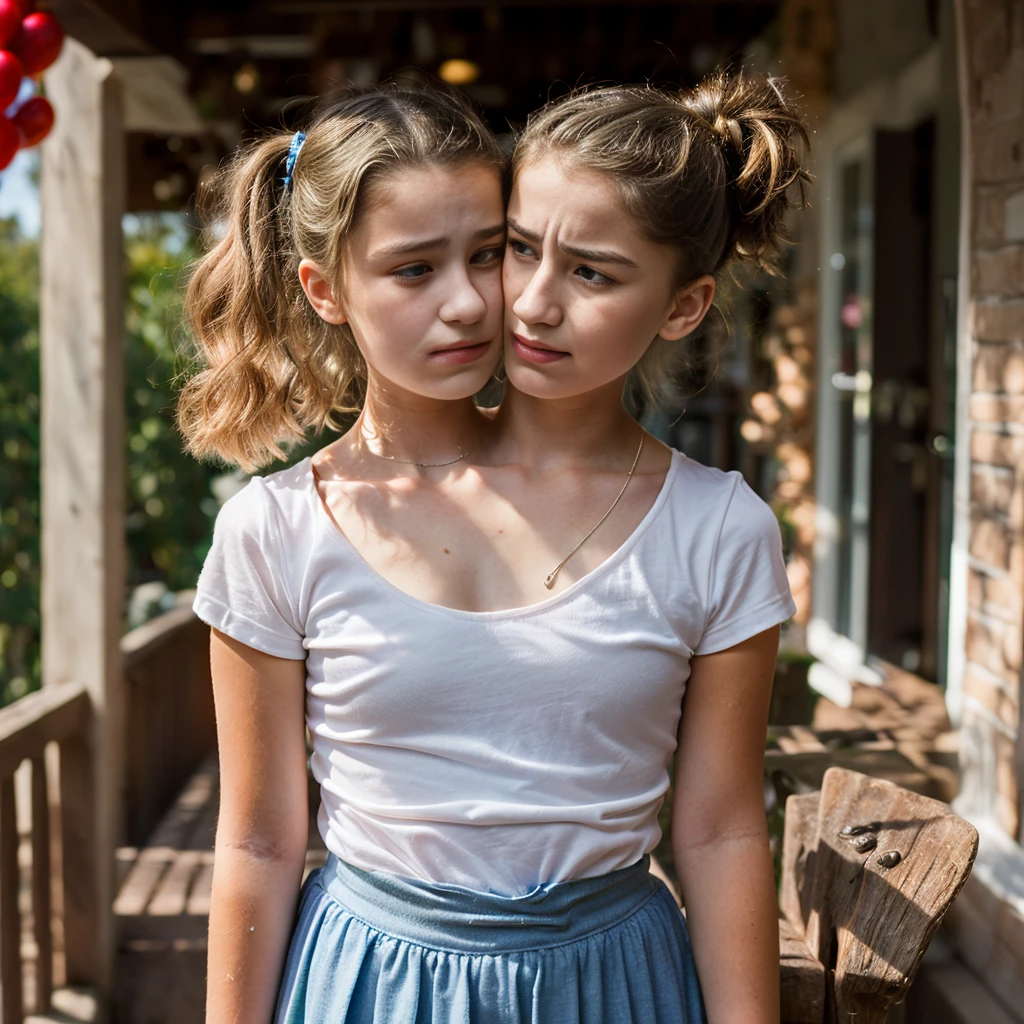 2heads, (one head 10 year old girl:1.5), (one head 13 year old girl:1.5), (uncomfortable and annoyed:1.2)