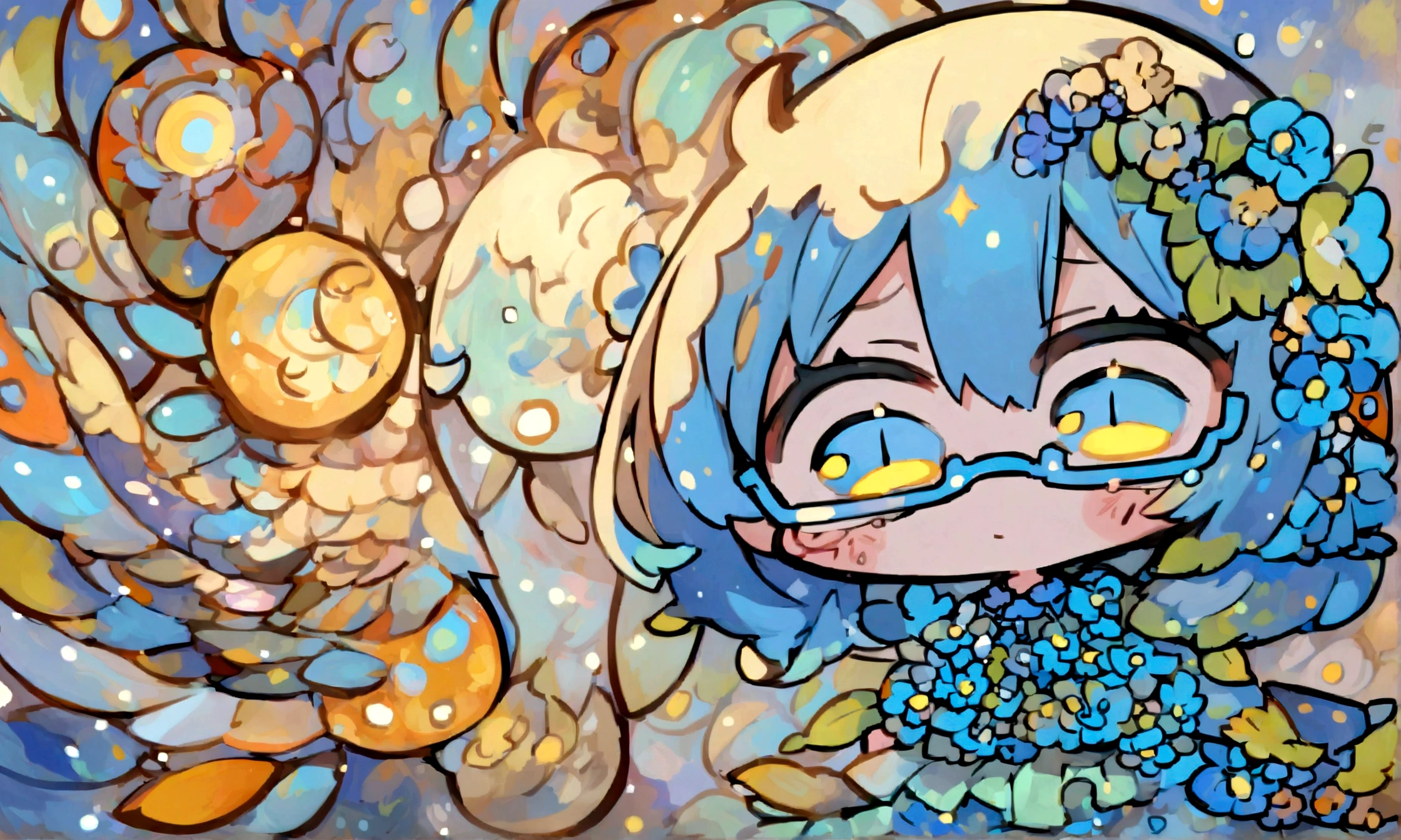 a sad looking chibi female wearing a blue floral outfit, wearing glasses, has a short, in the moonlight dancing, beautiful, perfect looking