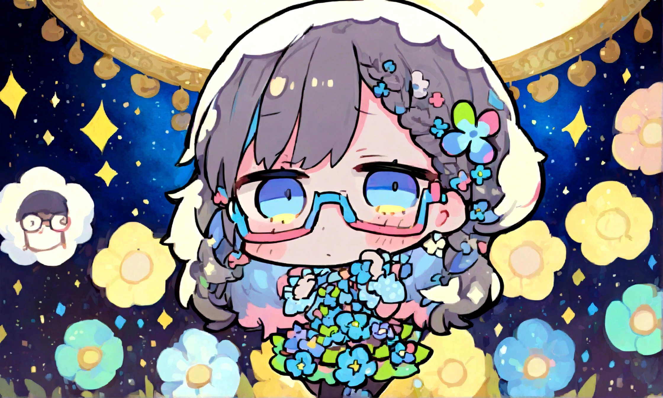 a sad looking chibi female wearing a blue floral outfit, wearing glasses, has a short, in the moonlight dancing, beautiful, perfect looking