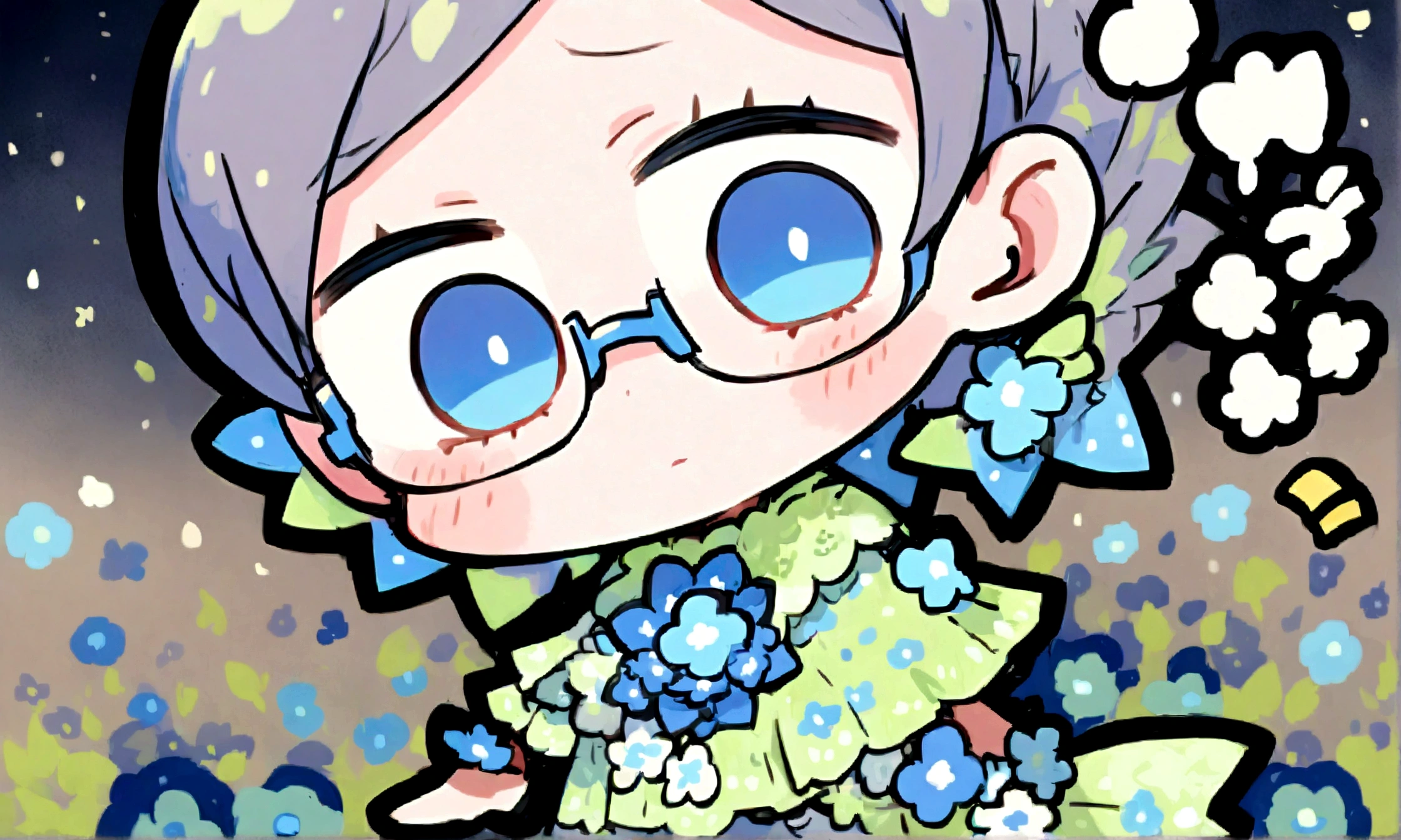 a sad looking chibi female wearing a blue floral outfit, wearing glasses, has a short, in the moonlight dancing, beautiful, perfect looking