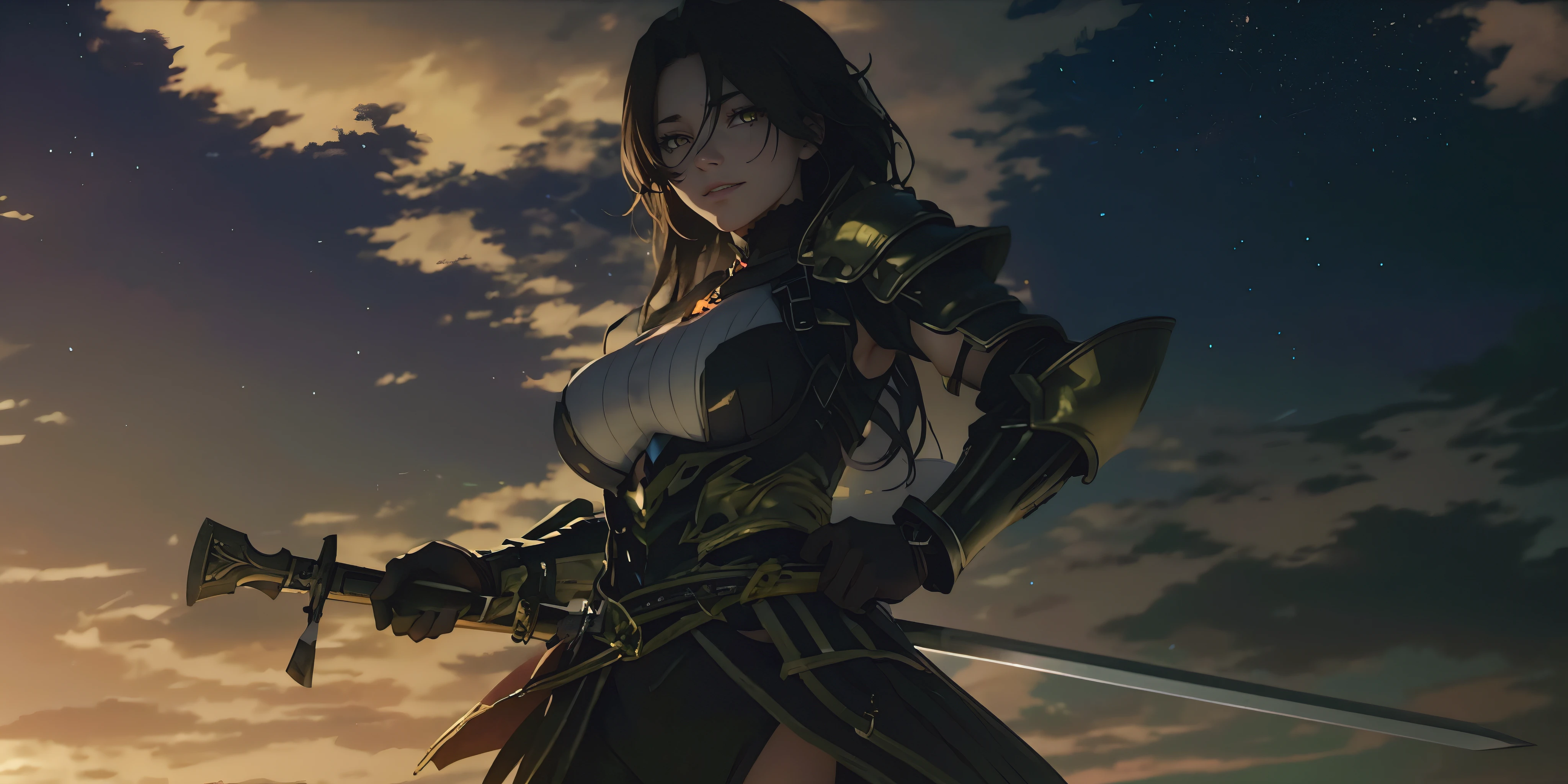 long hair, black hair, forehead, golden eyes, curvy, anatomically correct, heavy breathing, huge breasts, sword, cloudy sky, stars, 1girl, solo, armor, long_hair, sheath, breasts, hand_on_hip, belt, large_breasts, grey_background, shoulder_armor, pauldrons, gloves, holding, "glow effects, godrays, Hand drawn, render, 8k, octane render, cinema 4d, blender, dark, atmospheric 4k ultra detailed, cinematic, Sharp focus, big depth of field, Masterpiece, colors, 3d octane render, 4k, concept art, trending on artstation, hyperrealistic, Vivid colors, extremely detailed CG unity 8k wallpaper, trending on CGSociety, Intricate, High Detail, dramatic", (shaded face:1.2), hollow eyes, golden eyes, looking at viewer, smirk, upper teeth, glowing eyes, sweating,