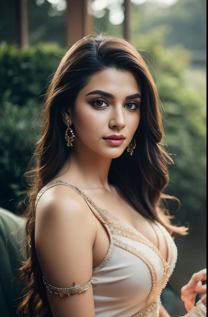 Portrait of A confident-looking indian princess from kamasutra with long flowing hair, hazel eyes, without flowing capes, Cleopatra fabric with laces, c-cup breasts, sitting in grass, water background, bokeh, perfect composition, hyperrealistic, super detailed, 8k, high quality, trending art, trending on artstation, sharp focus, nude studio photo, intricate details, highly detailed, art by greg rutkowski