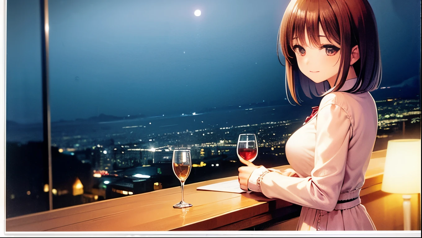 BAR with night view、A shy woman sitting with a glass of wine