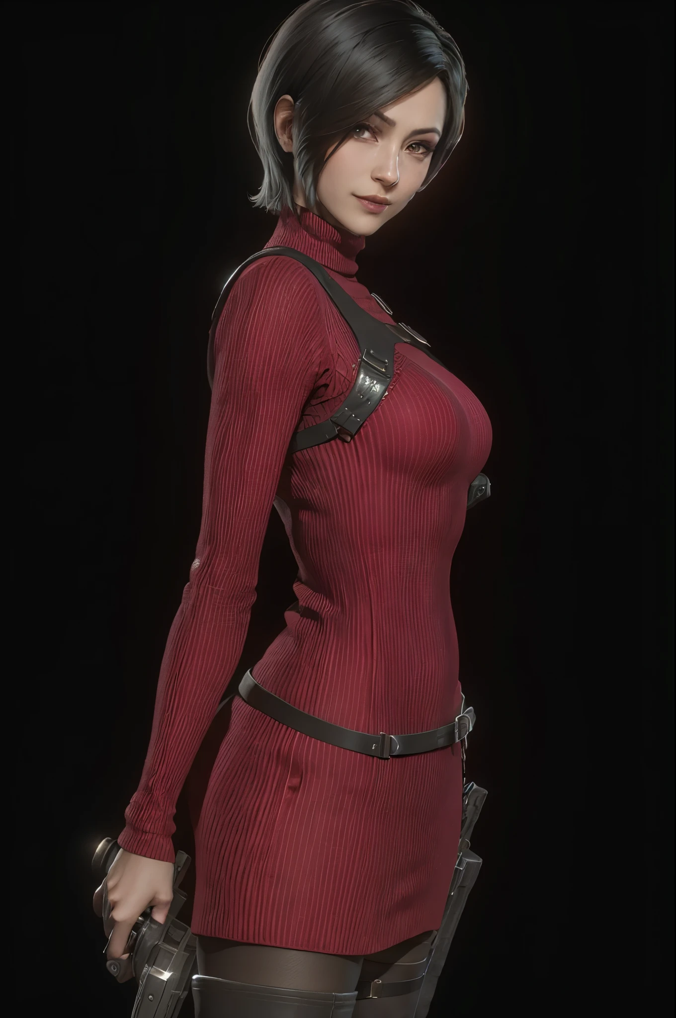 1 rapariga， solo， Ada Wong in the Resident Evil 4 remake， short detailed hair， brunette color hair， Red sweater turtleneck dress， Long-sleeved shirt， Black skinny stockings， nedium breasts， upper legs， hindquarters， black heels， Adriana's face， audience looking， sly smile， The pistol hung from her thigh， Best quality at best， A high resolution：1.2， Doomsday City in the background， shadowing， nightmare， rays of moonlight， Upper body shooting， Low camera angle、depth of fields、Center focus