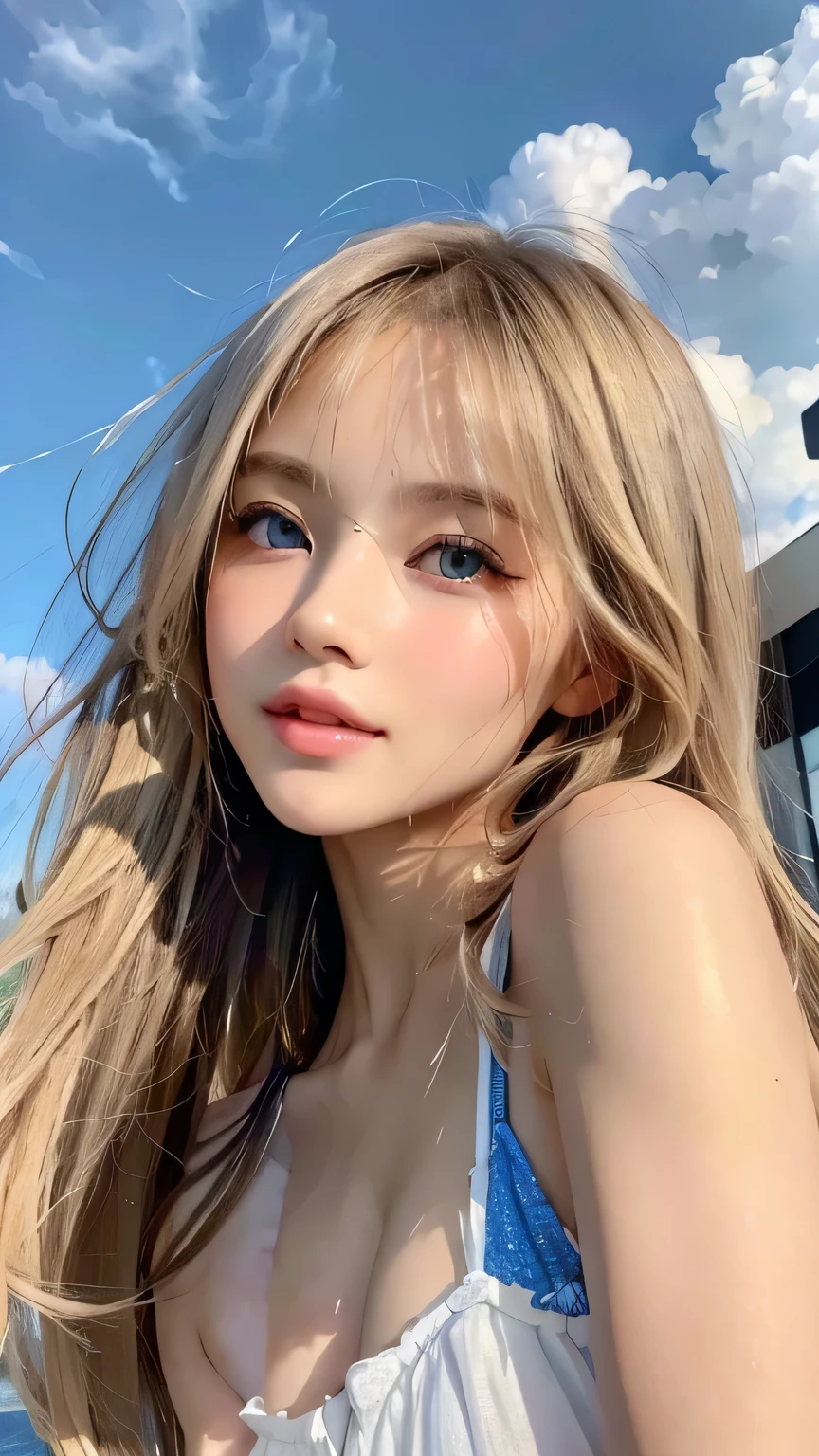 True Photo Quality、Extraordinary sexy beauty、Beautiful calm and bright expression、Sexy refreshing look、Long bangs that fall on a perfect beautiful cute face、Super long platinum blonde straight silky hair、blonde on a beautiful face、Very cute beautiful sexy young little woman、Very perfect beautiful cute face、Beautiful bright sky blue eyes、Very big eyes、Hair above the eyes、片Hair above the eyes、Hair between the eyes、Very radiant white skin、Cheek gloss
